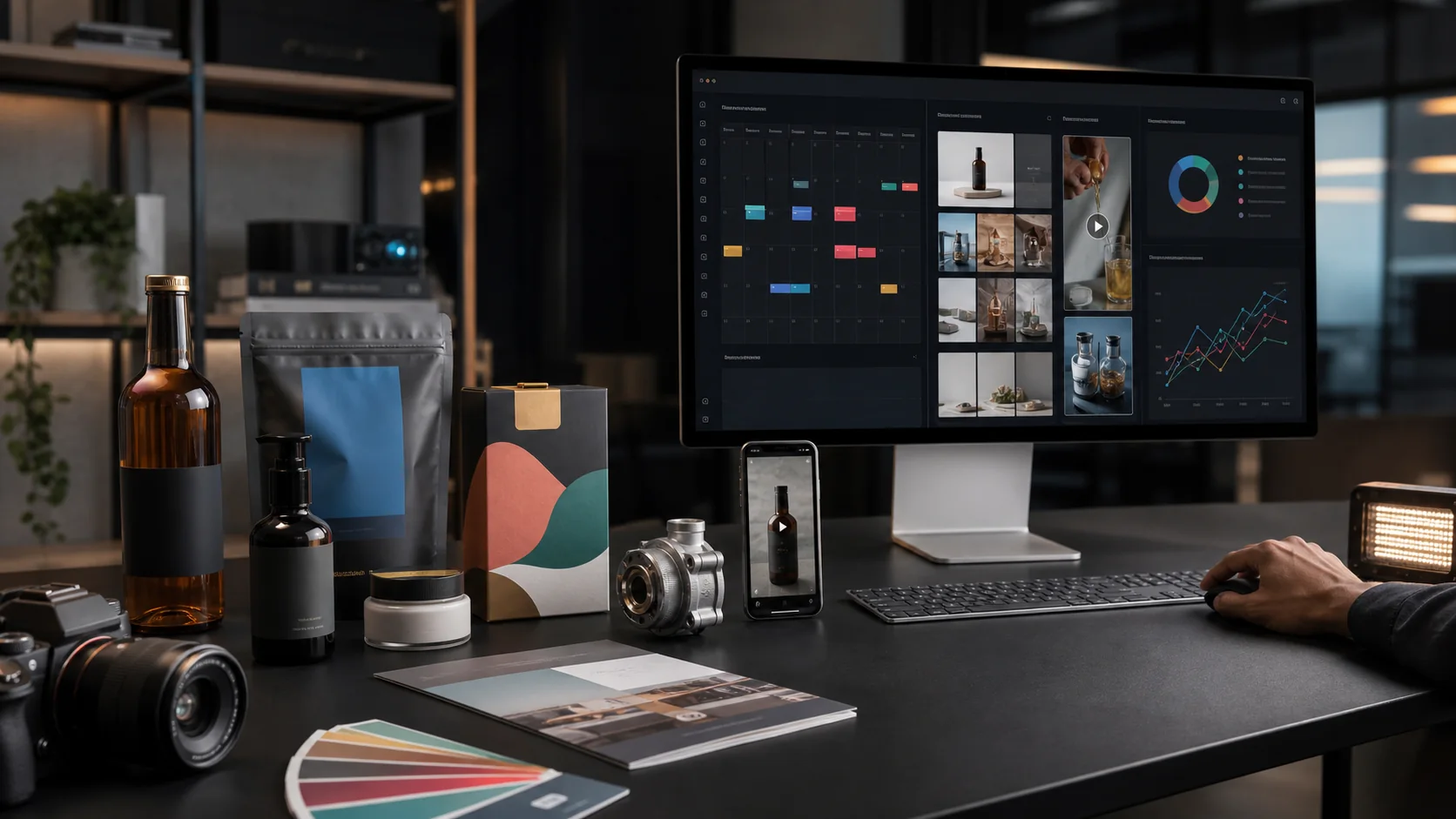 Professional product campaign studio with an annual content calendar, social creative previews and growth analytics