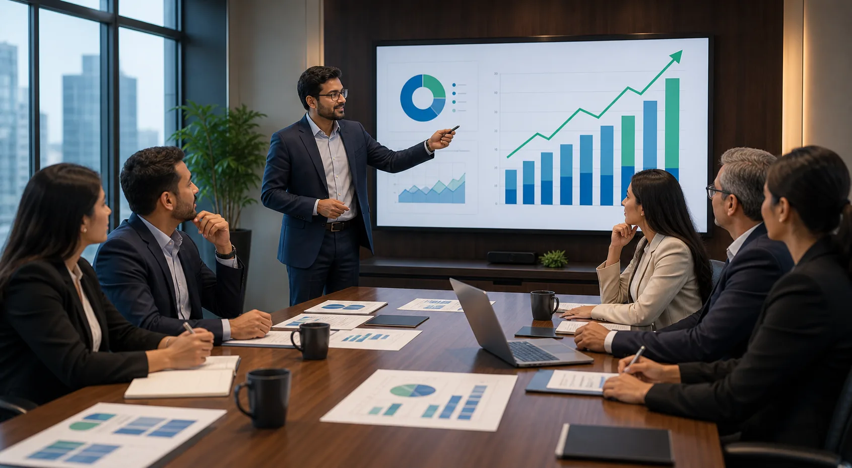 Business leaders reviewing a company growth chart with AIERA ERP