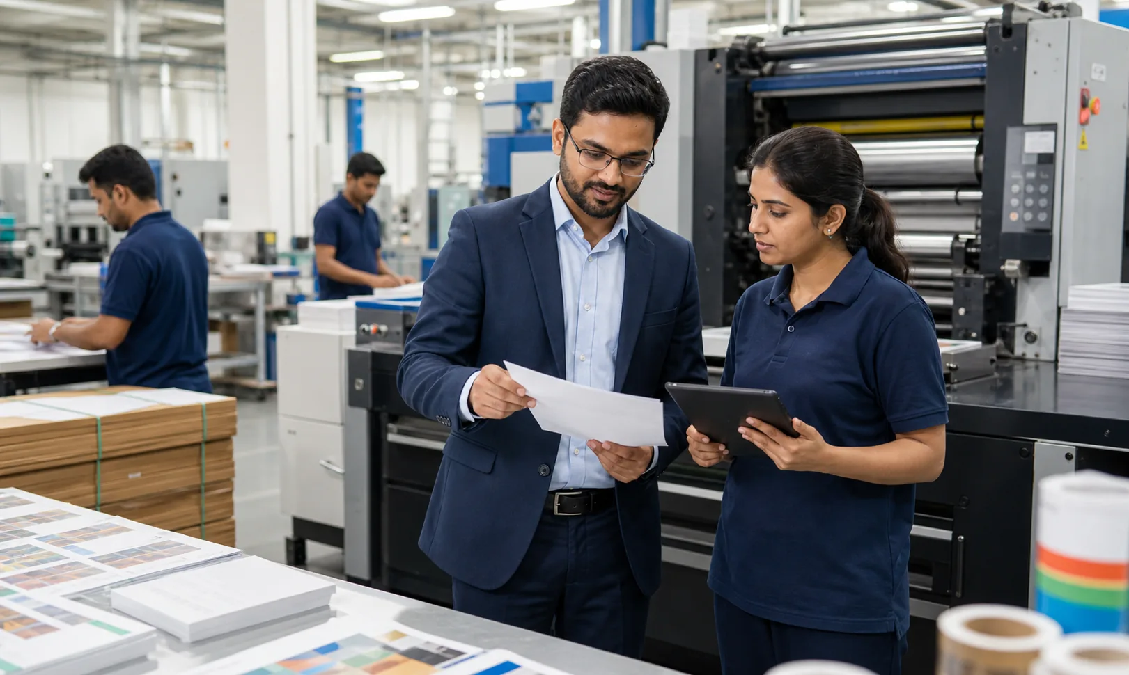 Production manager reviewing job costing and workflow on a printing floor