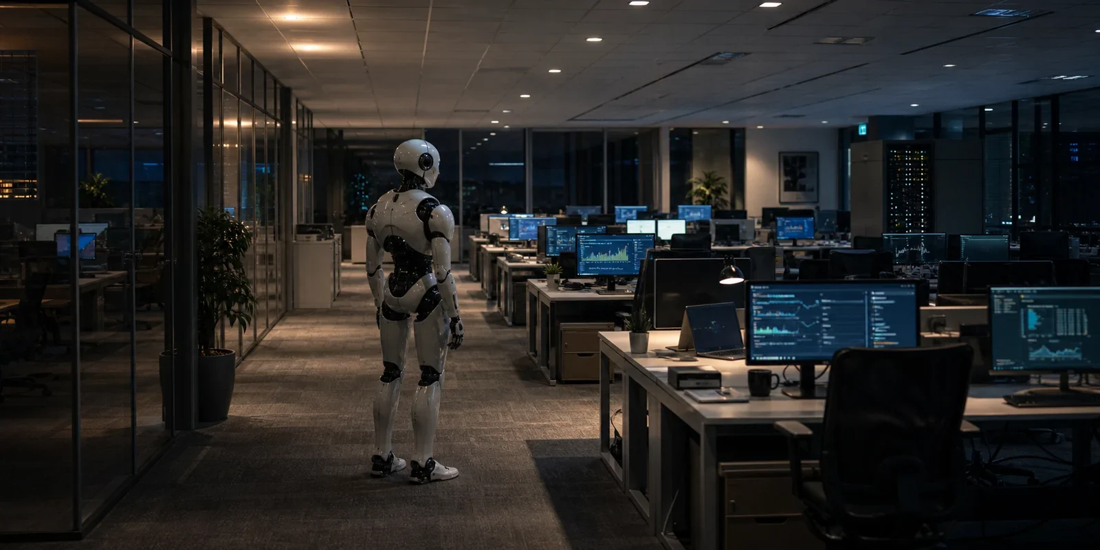 AIERA Core robot overseeing connected computers in an empty enterprise office